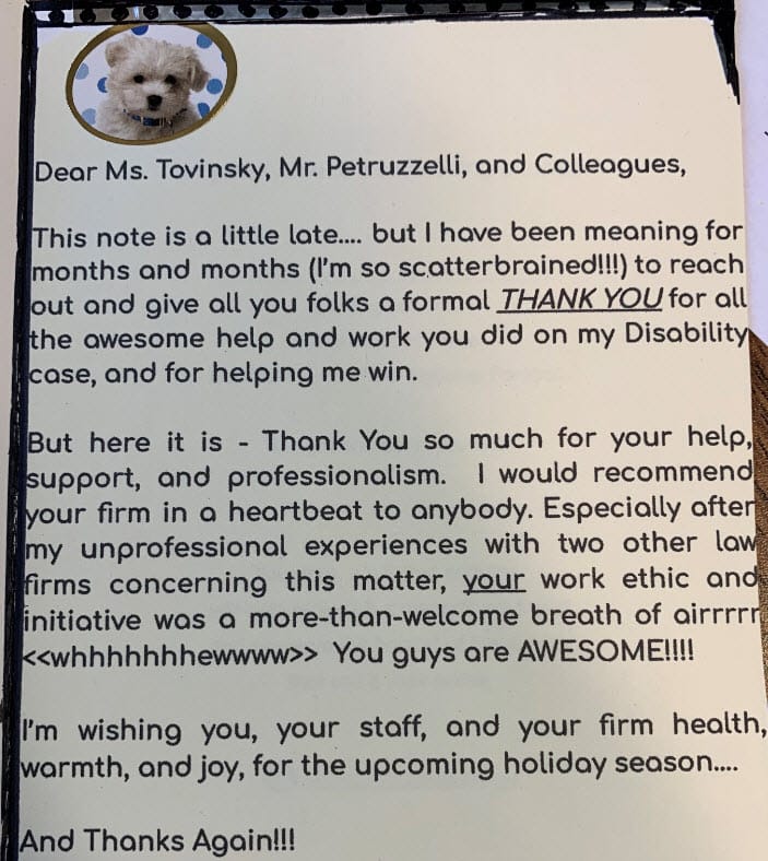 Thank you letter to the attorneys from client